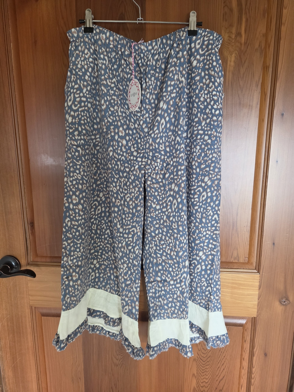 Umgee Blue Leopard-Print Wide Leg Pants with Cream Hem Accent